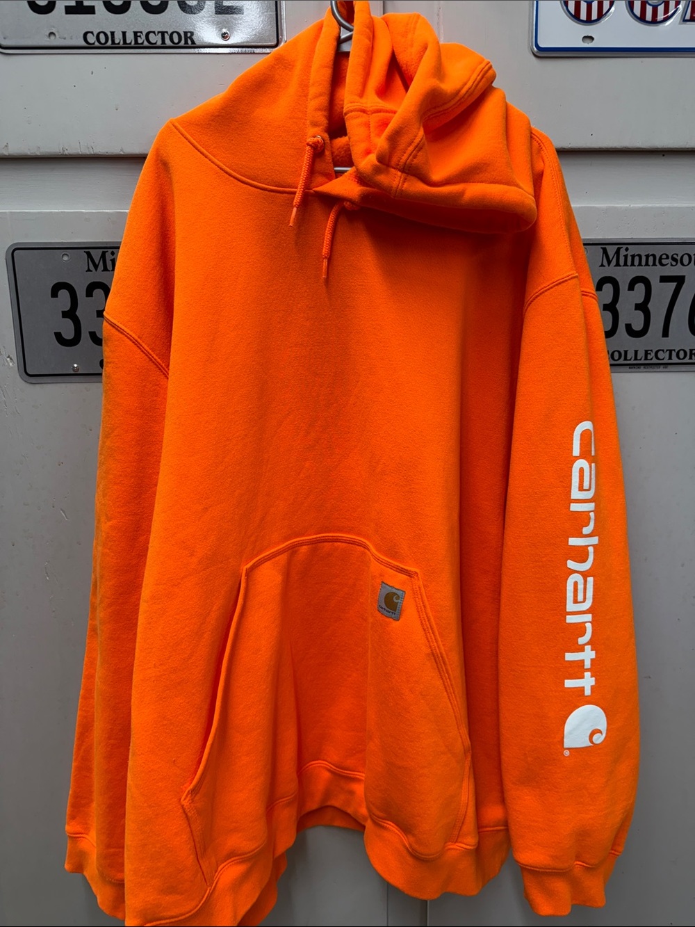 Carhartt Men’s Bright Orange Crewneck Hoodie with Sleeve Logo